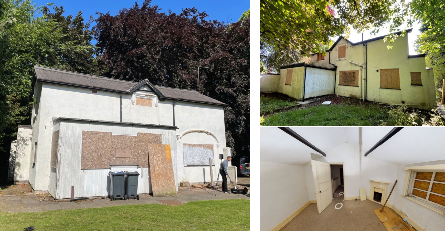 Three images showing Elmfield Cottage as it is at the moment as an unused building. Images show the exterior from the front and back, and a snapshot of inside.