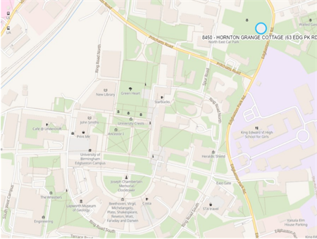 Map showing the location of Hornton Grange Cottage, which shows that it's located towards the north side of the University of Birmingham's Edgbaston campus at 63 Edgbaston Park Road