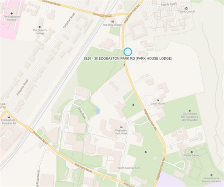 Map showing the location of Park House Lodge, which shows that it's located towards the north of the University of Birmingham's Edgbaston campus at 38 Edgbaston Park Road