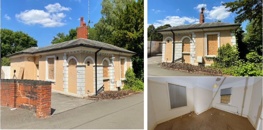 Three images showing the exterior and interior of Park House Lodge as it is now (unused).