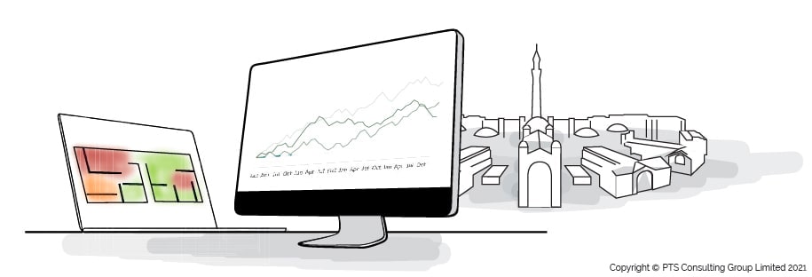 Illustration showing the University of Birmingham's Edgbaston and monitors showing graphs and various readouts