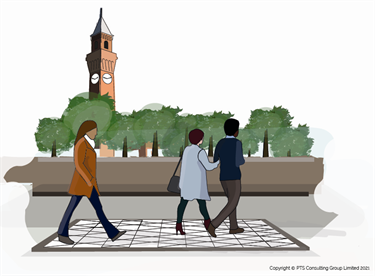 Illustration of people walking on an energy-generating smart pavement