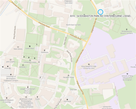 Map showing the location of Winterbourne Lodge, which sits north of the University of Birmingham's Edgbaston campus at 54 Edgbaston Park Road
