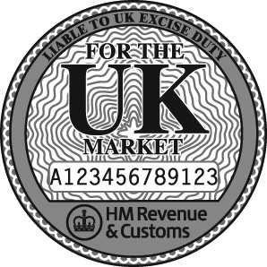 a UK tax disk, displaying the text 'liable to UK excise duty' at the top, and 'HM Revenue and Customs' at the bottom, alongside HM Revenue and Customs' crown-shaped logo.