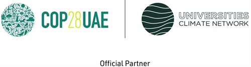 COP28 UAE logo, alongside Universities Climate Network logo, with 'official partner' written beneath