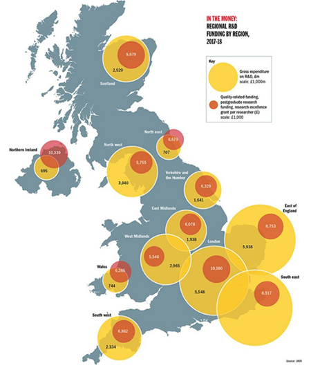 Map of UK research and development funding by region