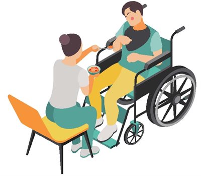 A drawing of a carer feeding a disabled person in a wheelchair