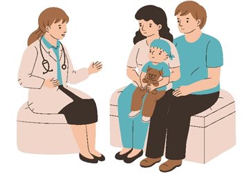 A drawing of a doctor with parents and a small child