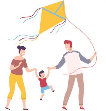 A drawing of parents and a small child flying a kite