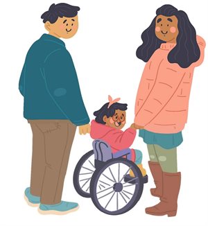 A drawing of two parents with their disabled child who is in a wheelchair
