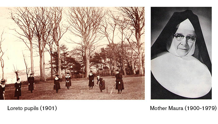 Two old photos. One of Loreto pupils playing cricket in 1901 and the other is of Mother Maura