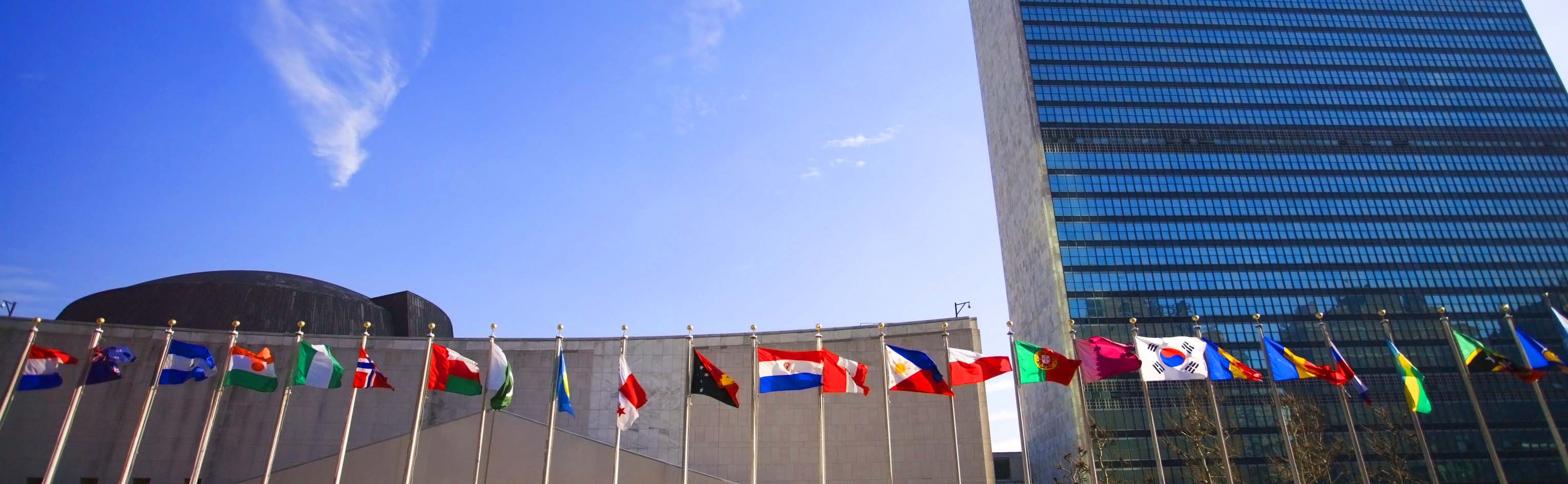 banner of international flags and building