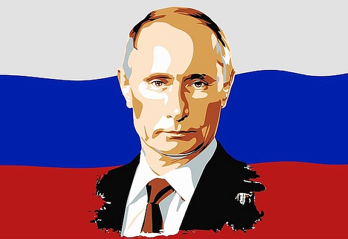 A drawing of Vladimir Putin set against the Russian flag