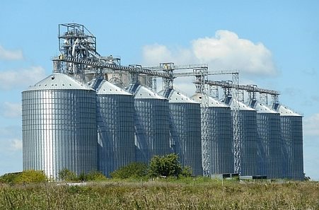 A row of large grain silos