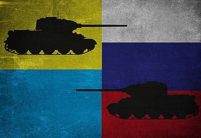 A drawing of two opposing tanks, one set against Ukrainian colours and the other against Russian colours