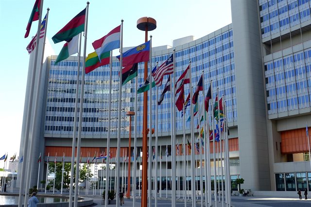 Flags flying outside the United Nations building