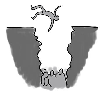 A sketch of a figure falling down off a cliff with figures on the ground below