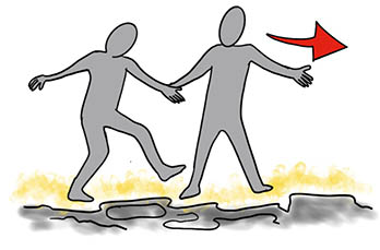A sketch of a figure leading another figure with an arrow pointing the way forward