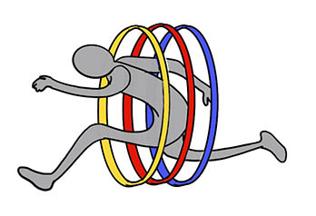 a sketch of a figure jumping through hoops