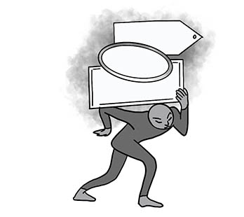 A sketch of a figure carrying lots of labels on its head