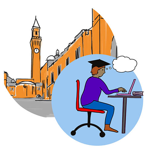 An illustration of a woman sitting working on her laptop at a desk with a graduation cap on her head. In the background as a graphical representation of the University of Birmingham