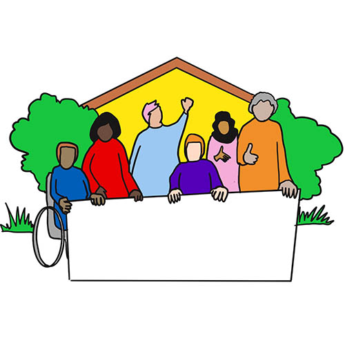 An illustration of a diverse group of people standing and sitting behind a table which is in front of a building
