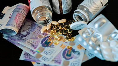 Money and pills scattered on a table