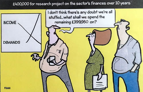 A cartoon showing a response to the announcement of a £400,000 grant to the TSRC team. It shows a graph describing the finances of voluntary organisations. A line showing demands for services is going steeply upwards and a line representing income is goin