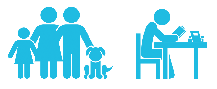 Info graphic of family and a man at a desk