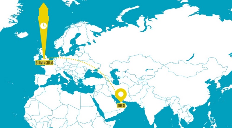 Map with dubai and birmingham marked