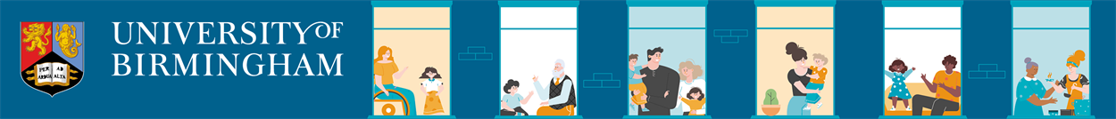 Graphic illustration showing a series of windows with representations of parents and carers looking after children and elderly relatives.