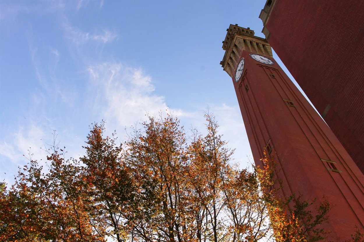 Low angled shot of the University of Birmingham's clocktower 'Old Joe' with autumnal trees in the foreground
