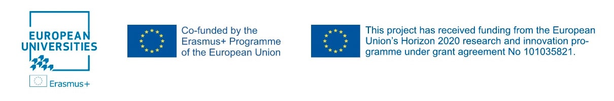 Three European Network Logos including the European Universities logo, the European flag logo (with the words: "Co-funded by the Erasmus+ programme of the European Union"), and the European flag logo (with the words: "This project has received funding fro