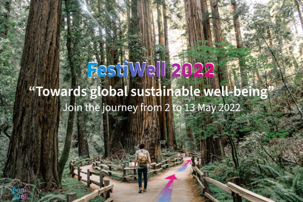 A man walking on a trail that cuts through giant redwood trees. Overlaid text reads: FestiWell 2022 - Join the journey from 2-13 May