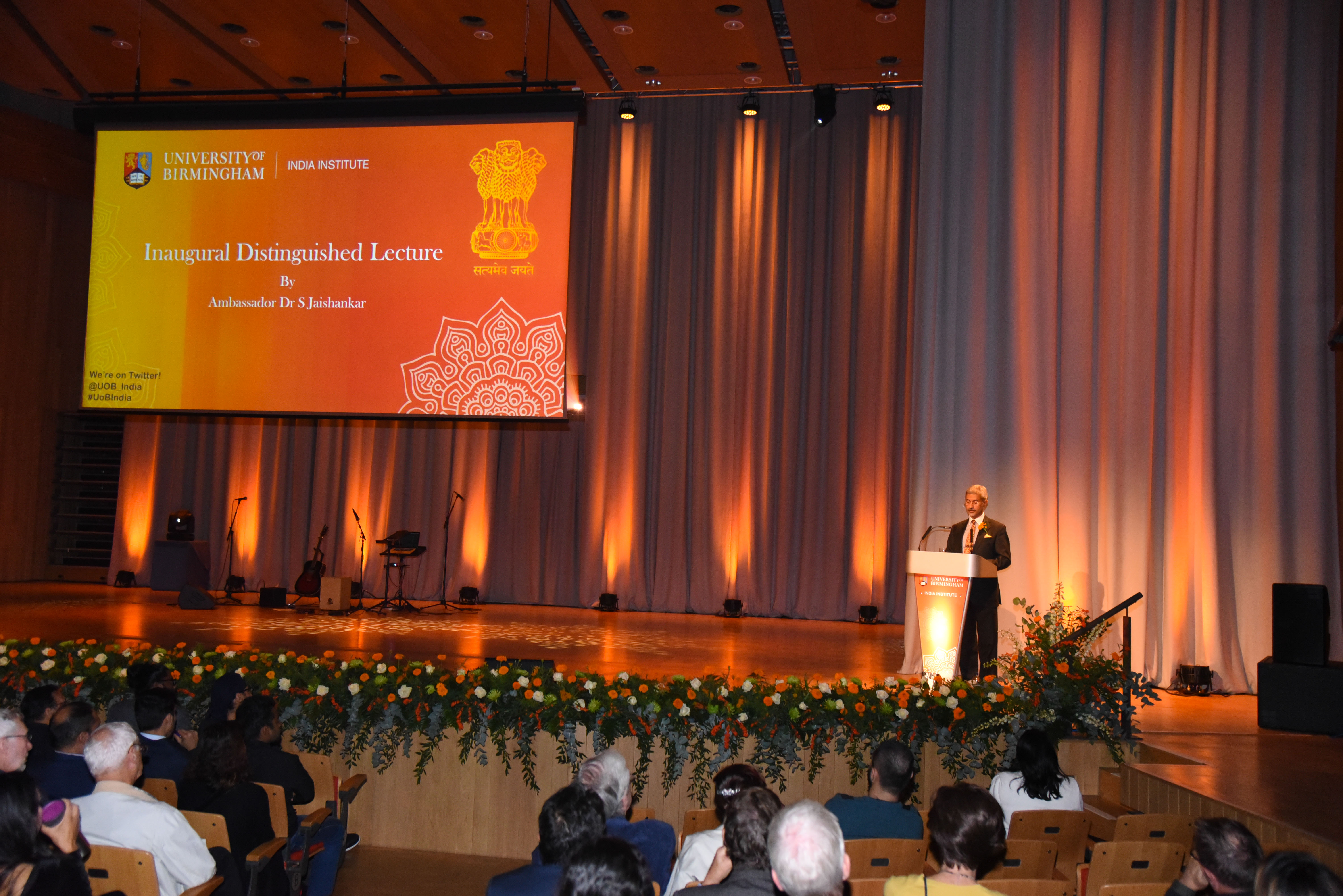 Dr Jaishankar on stage at the inaugural guest lecture in the Bramall concert hall