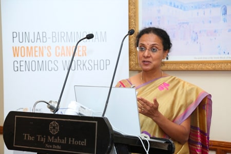 Professor Sudha Sundar presenting at the Punjab-Birmingham Women's Cancer Genomics Workshop