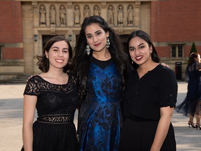 Students outside the Aston Webb building at a formal dinner