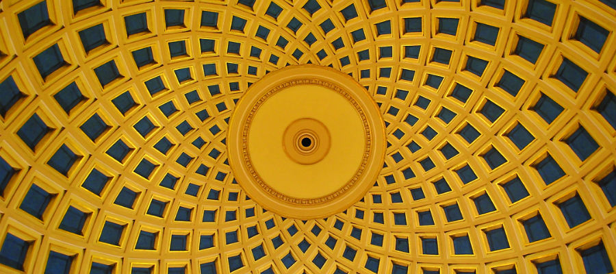 The blue and gold lattice ceiling of the whispering gallery in the University of Birmingham's Aston Webb Building