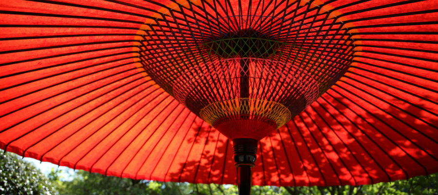 Red Chinese parasol on a summer day against a backdrop of green bushes
