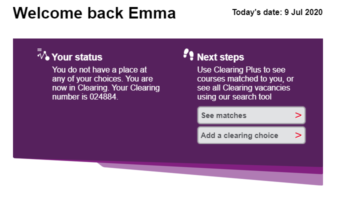 Login page of UCAS Track indicating where to find the Add a clearing choice button