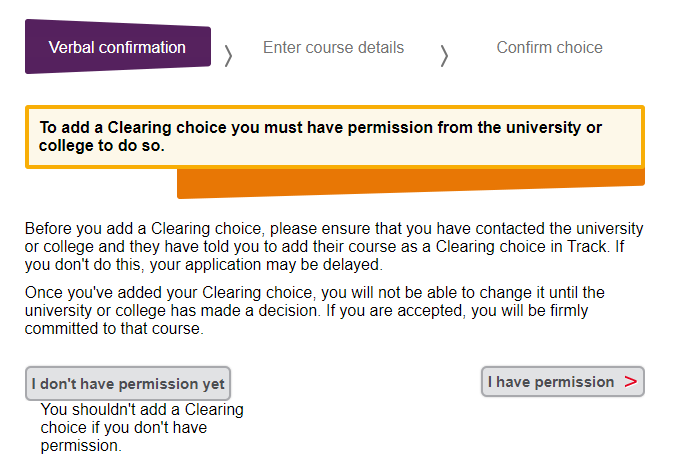 Verbal confirmation page on UCAS Track indicating where to find the I have permission button