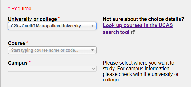 Screenshot of UCAS Track showing the University or college and course drop down menus