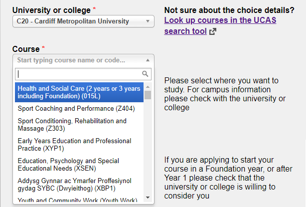 Screenshot of UCAS Track showing the course drop down menu once it has been clicked on