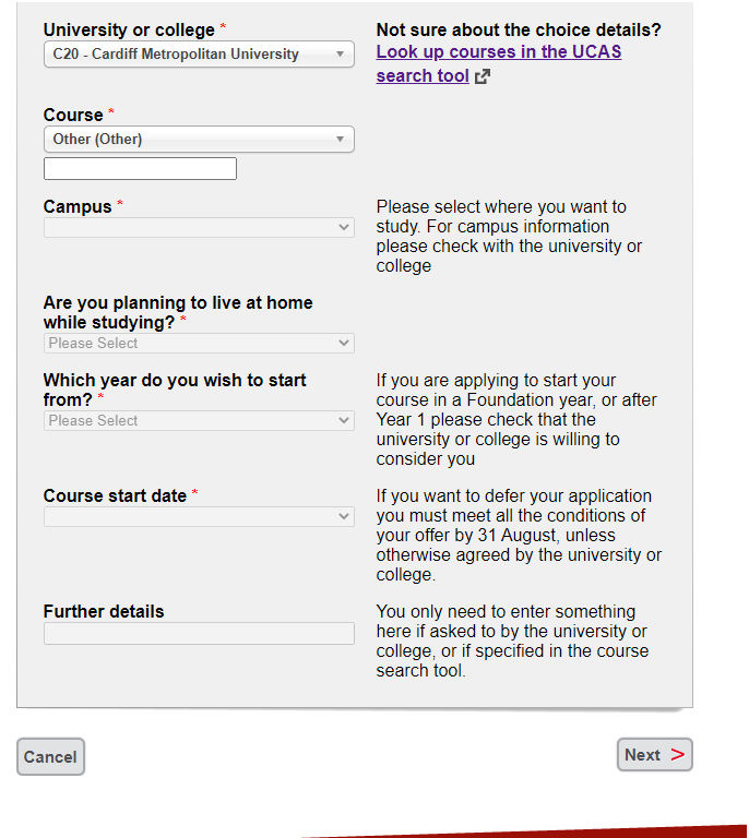 Screenshot of UCAS Track showing the free text box that becomes available when selecting Other from the course drop down menu