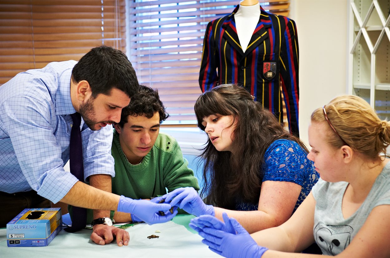 Students wearing latex gloves being shown some artefacts by a member of staff in Research and Cultural Collections