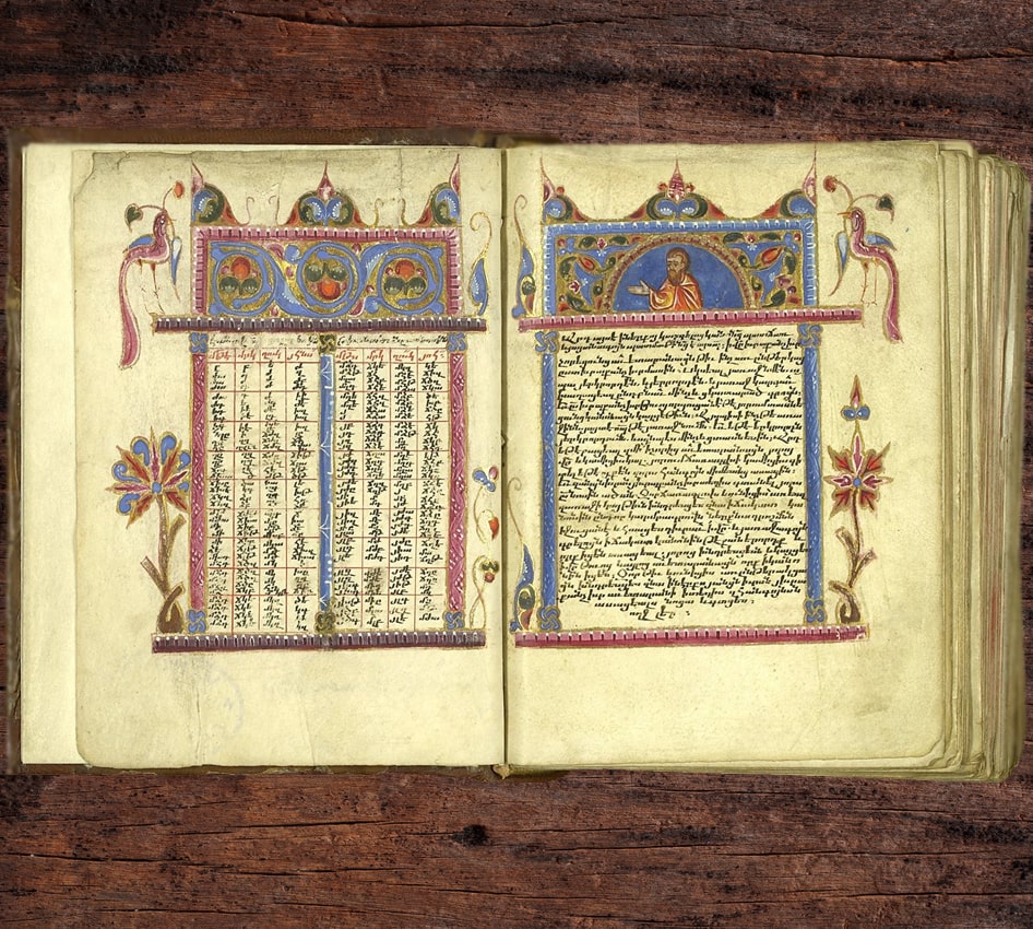 An ancient manuscript lying open on a wooden table