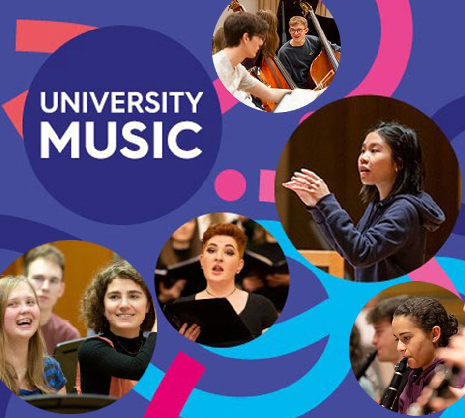 Circular images of University Music scenes with students singing and playing instruments