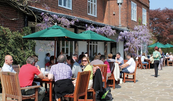 Visitors sitting at tables outside Winterbourne House on a sunny day, beneath purple Wisteria