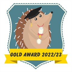 Hedgehog Friendly Campus Gold Award 2022/ 2023 crest, containing a smiling cartoon hedgehog wearing a graduation hat and holding a scroll
