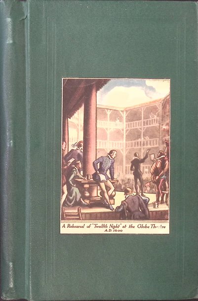 Cover of unpublished volume &lsquo;Shakespeare Treads the Boards&rsquo; with an image of 'Twelfth Night' being rehearsed at the Globe Theatre
